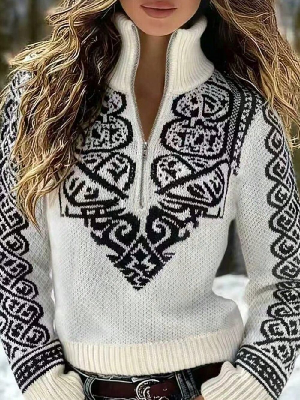 Multicolor Casual Women's Embroidery Zipper Rib-Knit High Neck Pullovers